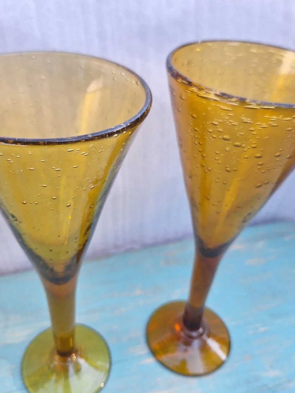 Vintage Wine Goblets Bubbles Hand Blown Glass Gold Bronze Color Pair His and Her - Picture 2 of 16